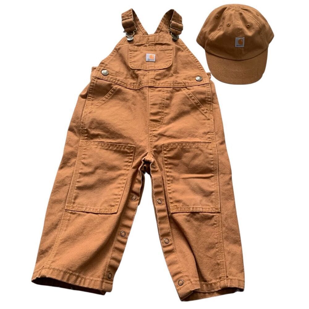 CARHARTT CANVAS DUCK BROWN BIB OVERALLS & HAT SET infant baby 18 mo